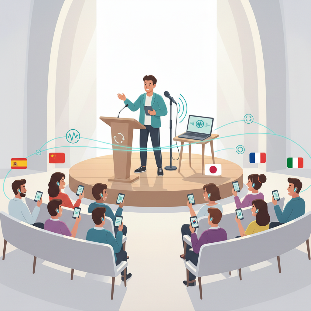 Real-time voice translation illustration showing a speaker and multilingual listeners