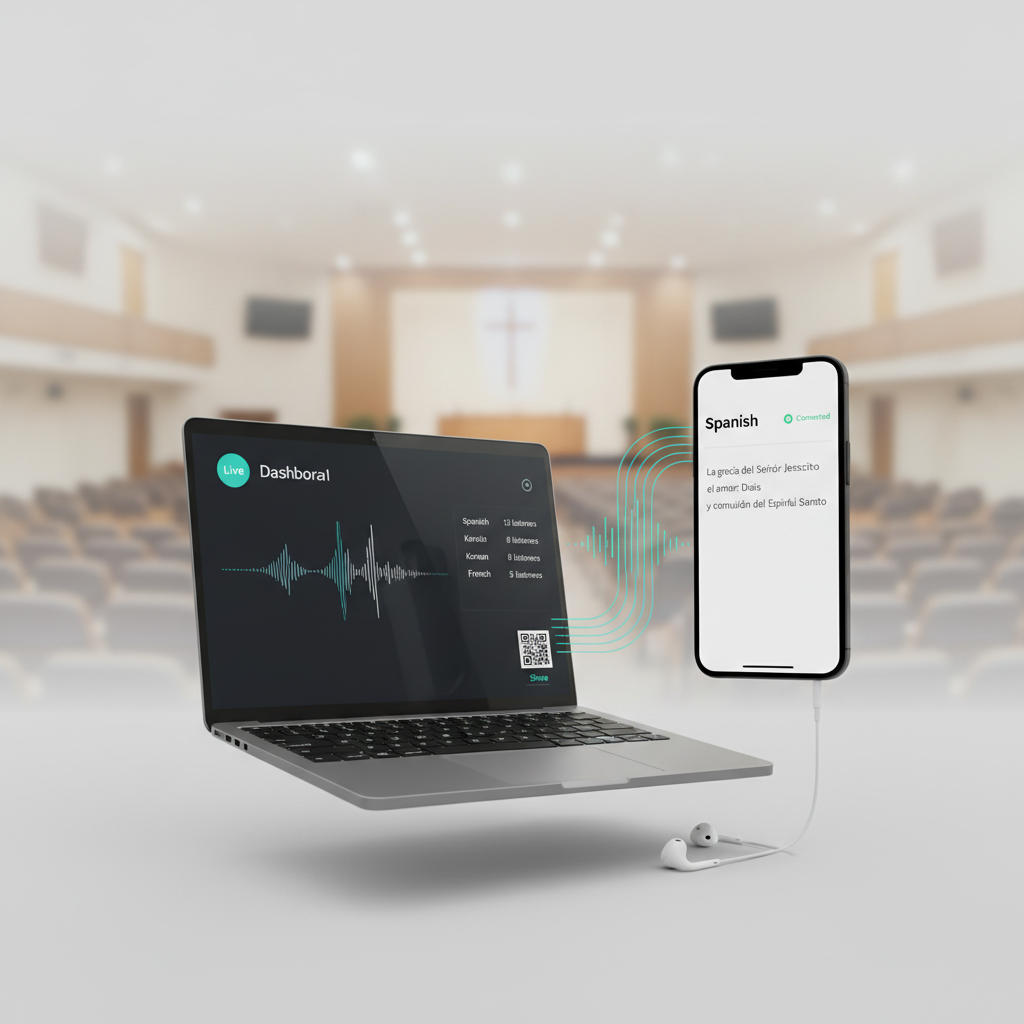 TruBible running on laptop and phone showing live translation dashboard